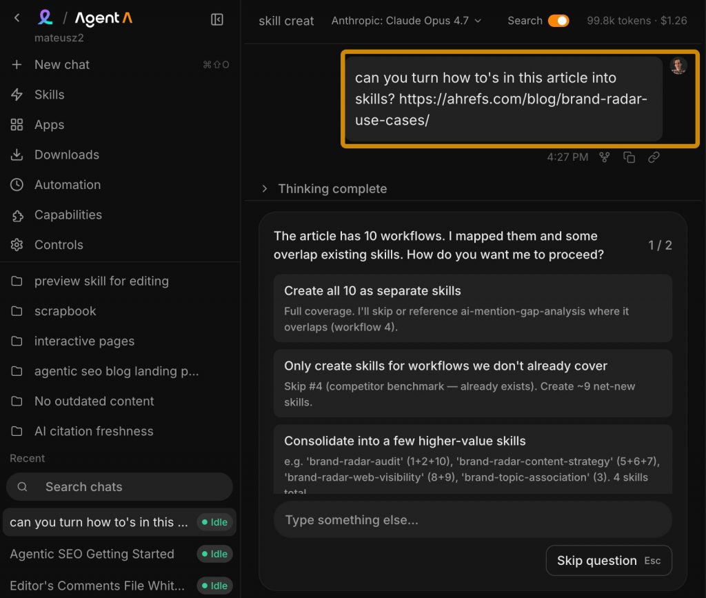 Creating a skill for brand radar use inside Agent A